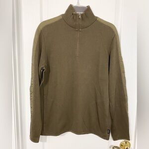 BOSS Hugo Boss 1/4 Zip Mock Neck Knit Sweater Tonal Sleeve Stripes Olive Green L